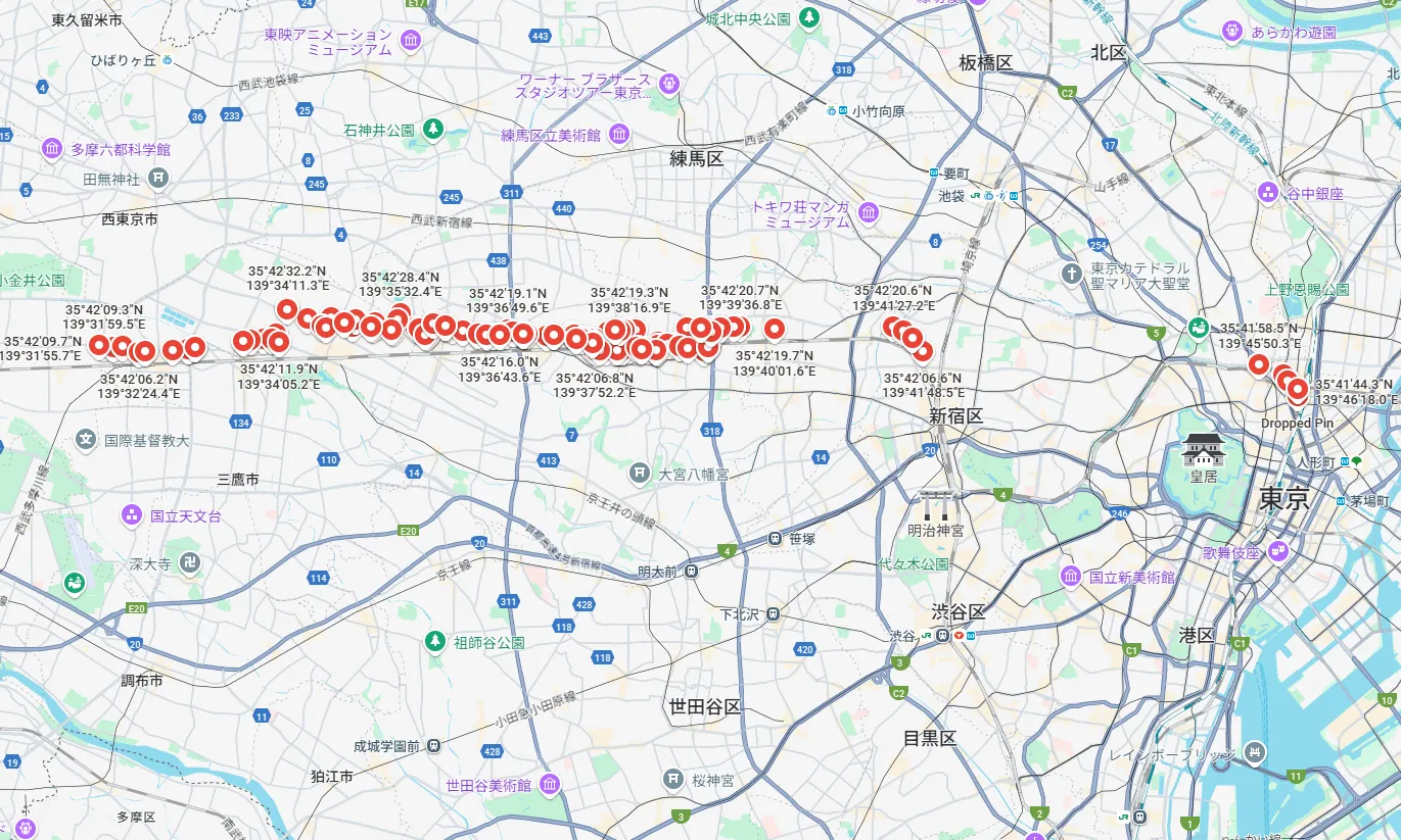 最終的に180箇所のマンホールがStreet Viewで見つかった。東小金井から新宿、および御茶ノ水、神田付近にマンホールが見つかっていて、東西方向につながっていることが示唆される。